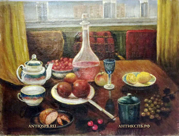 Картина "Натюрморт с посудой и фруктами". Холст, масло. Кон. ХХ века. №21163